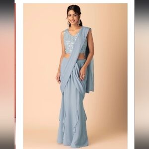 Light Blue Pre-Stitched Saree With Mirror Embroidered Blouse